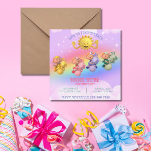 Invitation Bébés Nuages Anniversaire Pastel Arc-en-Ciel Solei