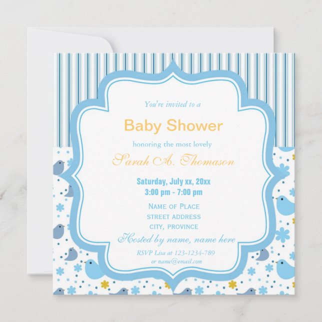 Invitation Bébés oiseaux adorables et fleurs bleues pour une  (Devant)
