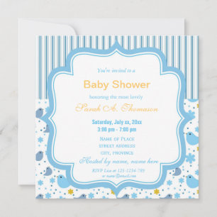 Invitation Bébés oiseaux adorables et fleurs bleues pour une