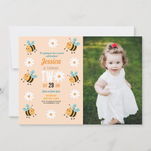 Invitation Bee Anniversaire Photo Flower Daisy Two 2 (Devant)