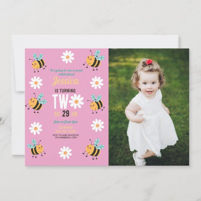 Invitation Bee Anniversaire Photo Party Pink Daisy Two 2 (Devant)