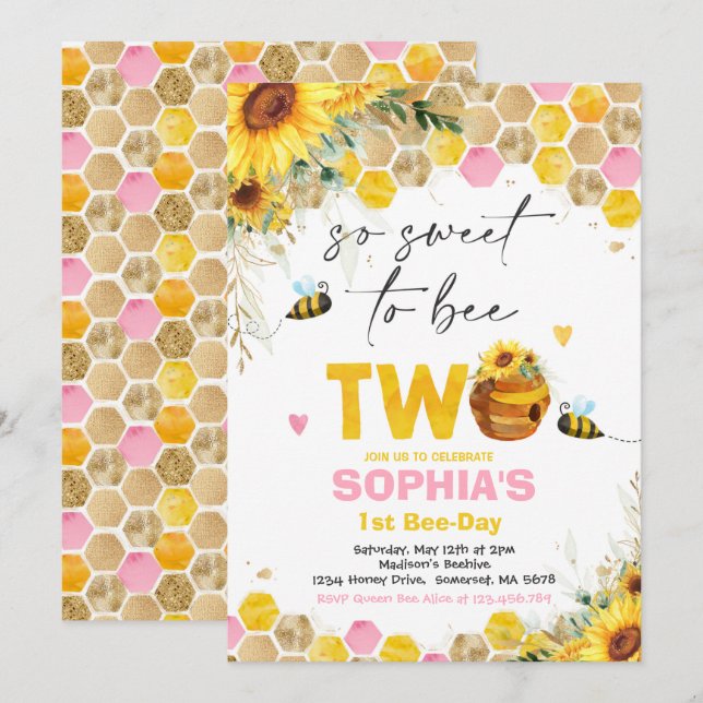 Invitation Bee Anniversaire Sunflower Honey Bee Anniversaire (Devant / Derrière)