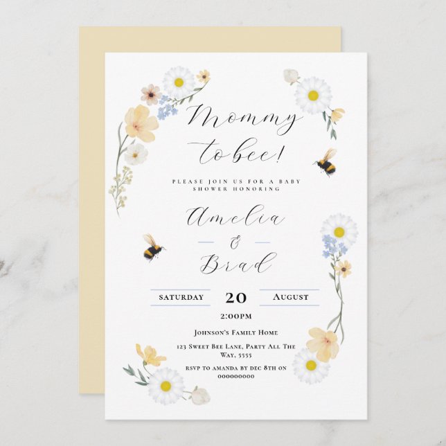 Invitation Bee Baby shower Floral Baby shower Mommy to Bee (Devant / Derrière)