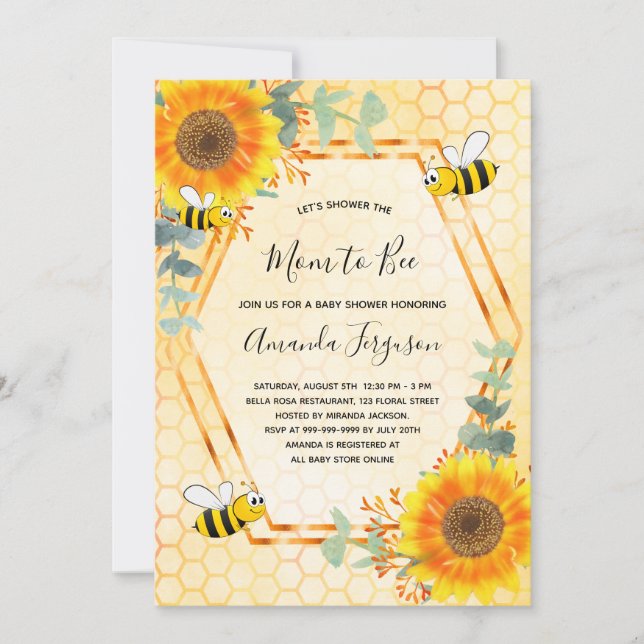 Invitation Bee Baby shower tournesol verdure maman à abeille (Devant)