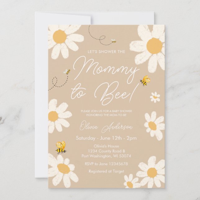 Invitation Bee Beige Daisy Retro Mommy to Bee Baby shower (Devant)