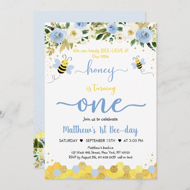 Invitation Bee Blue Gold Boy Premier anniversaire Bee Day (Devant / Derrière)