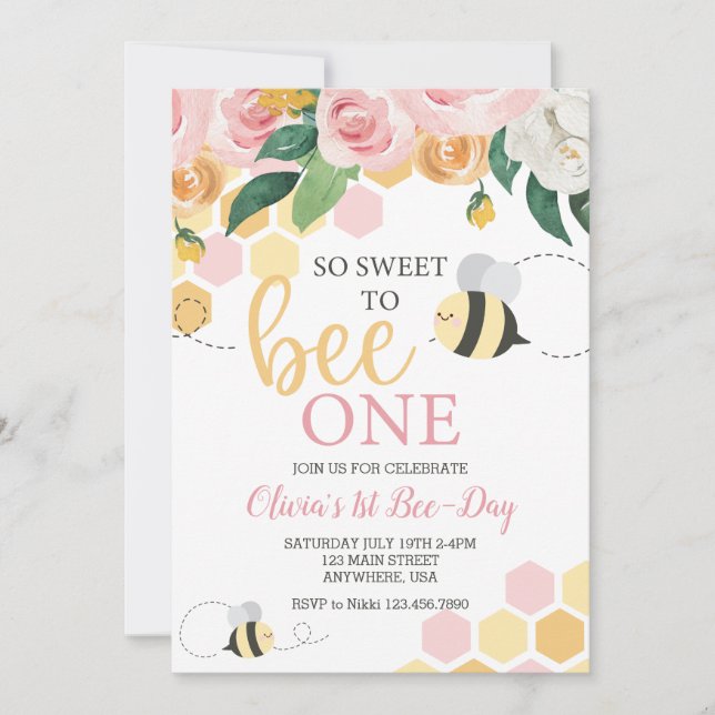 Invitation Bee Day bumblebebe 1er anniversaire rose floral (Devant)