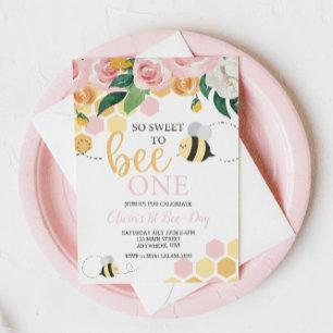 Invitation Bee Day bumblebebe 1er anniversaire rose floral