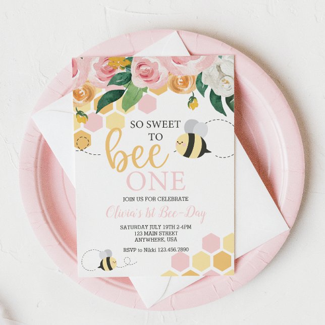 Invitation Bee Day bumblebebe 1er anniversaire rose floral In (Créateur téléchargé)