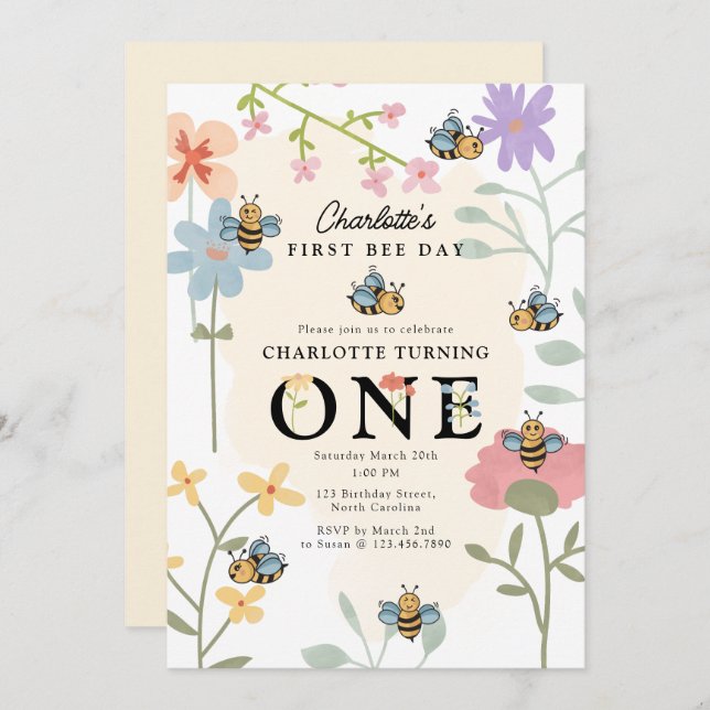 Invitation Bee First 1Birthday Cute Bee Day Party (Devant / Derrière)