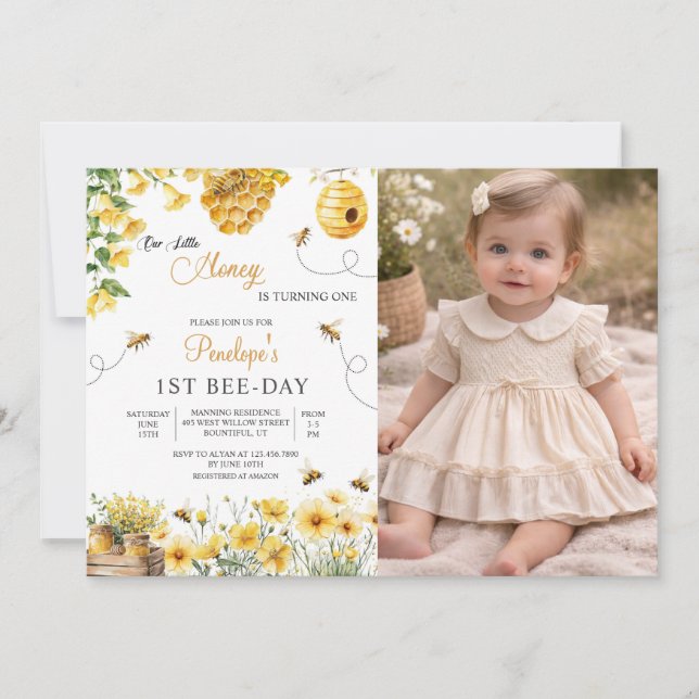 Invitation Bee Flower Our Little Honey Is Turning Birthday  (Devant)
