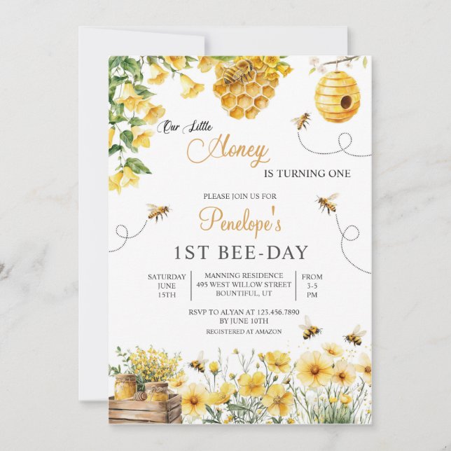 Invitation Bee Flower Our Little Honey Is Turning Birthday (Devant)