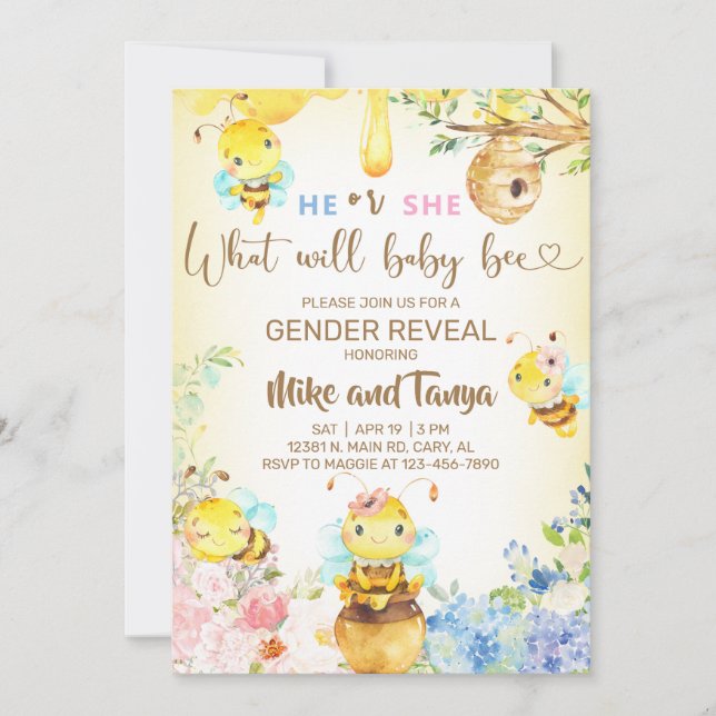 Invitation Bee gender reveal invite, bumblebee, honeybee. (Devant)