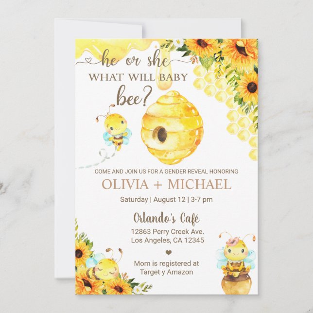 Invitation Bee gender reveal invite, bumblebee, honeybee. (Devant)