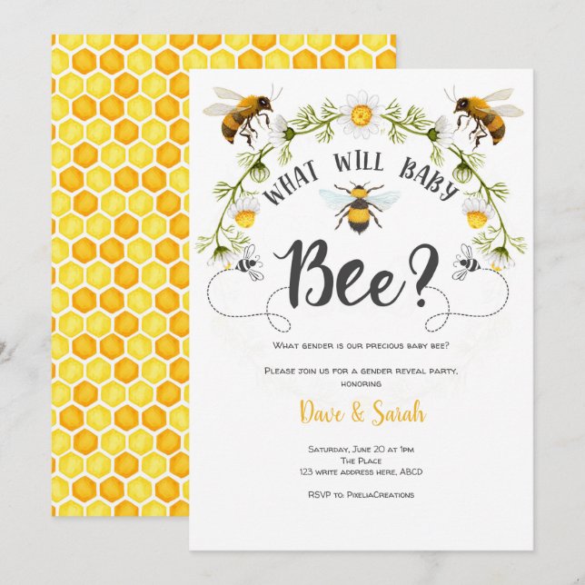 Invitation Bee, Genre Reveal Party, Quel bébé sera (Devant / Derrière)