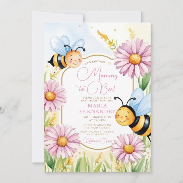 Invitation Bee Mommy to Bee Baby shower Pink Sunflowers (Devant)