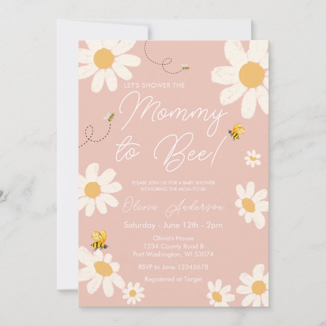 Invitation Bee Pink Daisy Retro Mommy to Bee Baby shower (Devant)