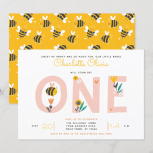 Invitation Bee Yellow & Pink Floral ONE 1er anniversaire de b