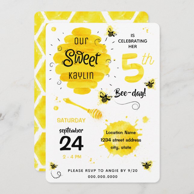 Invitation BEEday Honey Bee Yellow 5e fête d'anniversaire (Devant / Derrière)