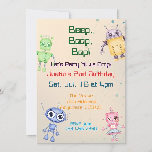 Invitation Beep Boop Bop Robot Birthday (Devant)