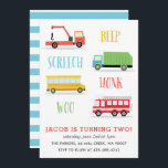 Invitation Beep Screech Woo Fête d'anniversaire de l'enfant I<br><div class="desc">Une invitation pour la fête d'anniversaire d'un enfant avec remorque,  camion d'incendie,  camion à ordures et un autobus scolaire.</div>
