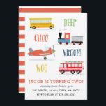 Invitation Beep Vroom Fête d'anniversaire de Woo Kid Red Invi<br><div class="desc">Une invitation pour la fête d'anniversaire pour les enfants comprenant Train,  Fire truck,  Air Plane et un autobus scolaire.</div>
