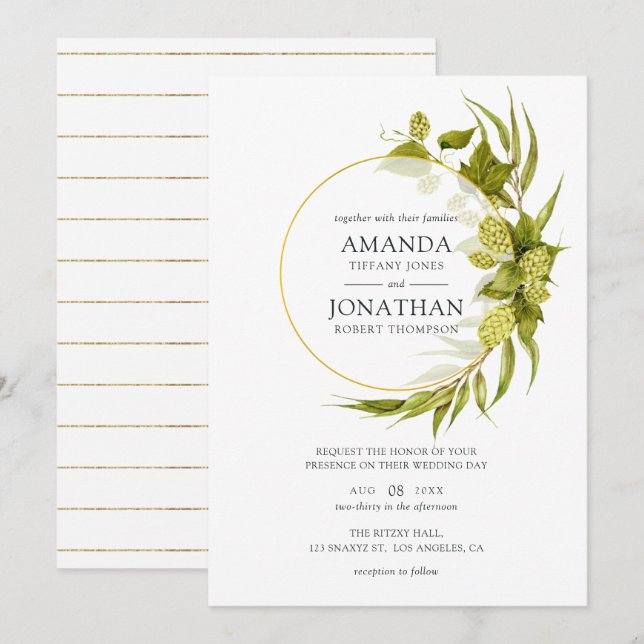 Invitation Beer Willow Greenery and Gold Geometric Wedding (Devant / Derrière)