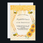 Invitation Bees tournesol or nid d'abeille Sweet 16<br><div class="desc">Elégante, amusante, rustique été et automne 16e anniversaire invitation fête. Un arrière - plan jaune avec un motif de nid d'abeille. Avec un cadre géométrique en faux or et des gouttes de parties scintillant en faux or. Décoré de tournesols jaunes et oranges et d'abeilles bourdonnantes. Personnalisez et ajoutez son nom...</div>