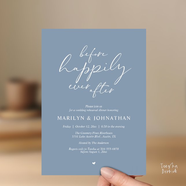 Invitation Before Happily Ever After, Romantic Rehearsal (Before Happily Ever After, Modern Romantic Rehearsal Dinner Invitation Card in Dusty Blue)