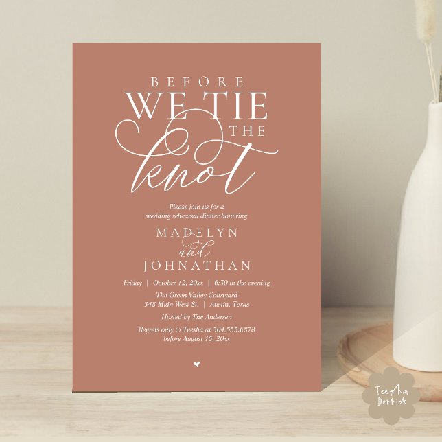 Invitation "Before we tie the knot", Wedding Rehearsal Dinner ("Before we tie the knot", Modern Romantic Wedding Rehearsal Dinner Invites Card in Terracotta Brown)