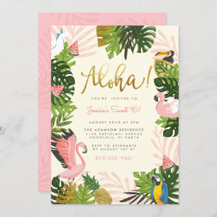 Invitation Beige   Aloha Hawaii Tropical Gold Birthday Party