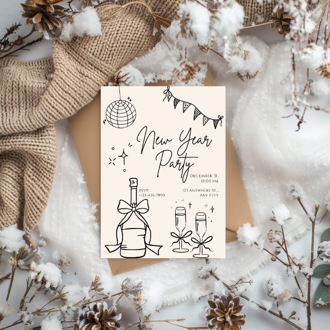 Invitation Beige and Black Doodle Simple New Year's Eve Party (Créateur téléchargé)