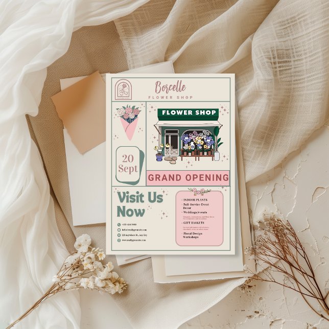 Invitation Beige and Green Elegant Flower Shop Opening Card (Créateur téléchargé)