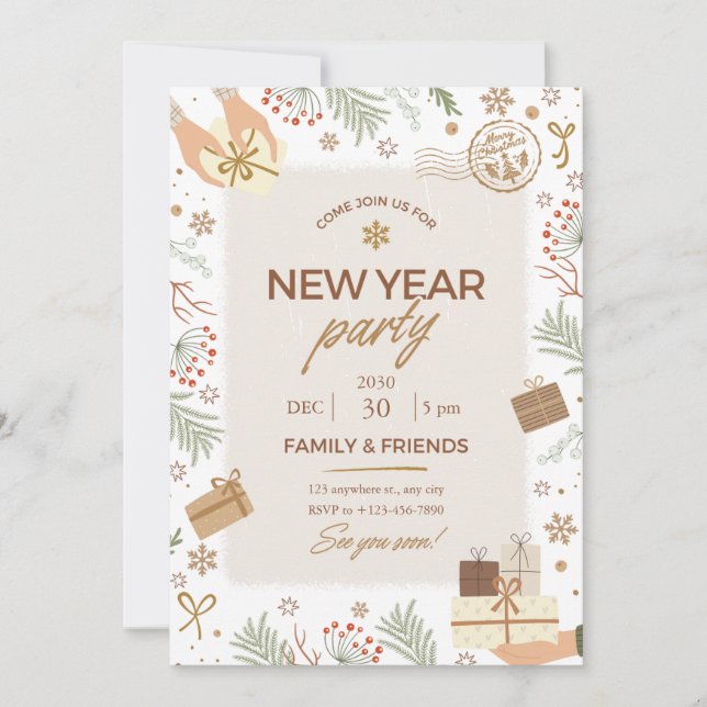 Invitation Beige And Green Merry Christmas Holiday Card (Devant)