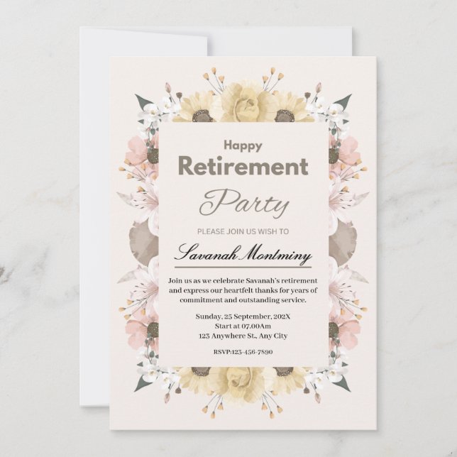 Invitation Beige and Pink Floral Photo Retirement Party (Devant)