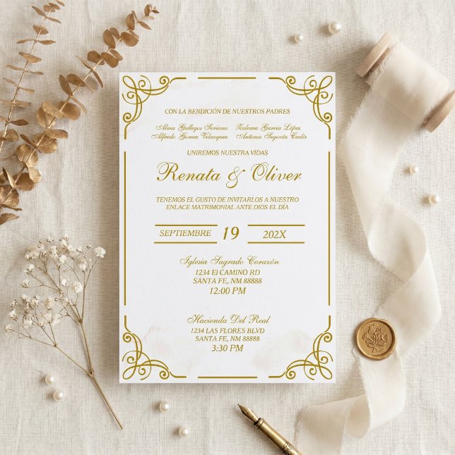 Invitation Beige avec calligraphie de cadre mariage espagnol (Créateur téléchargé)