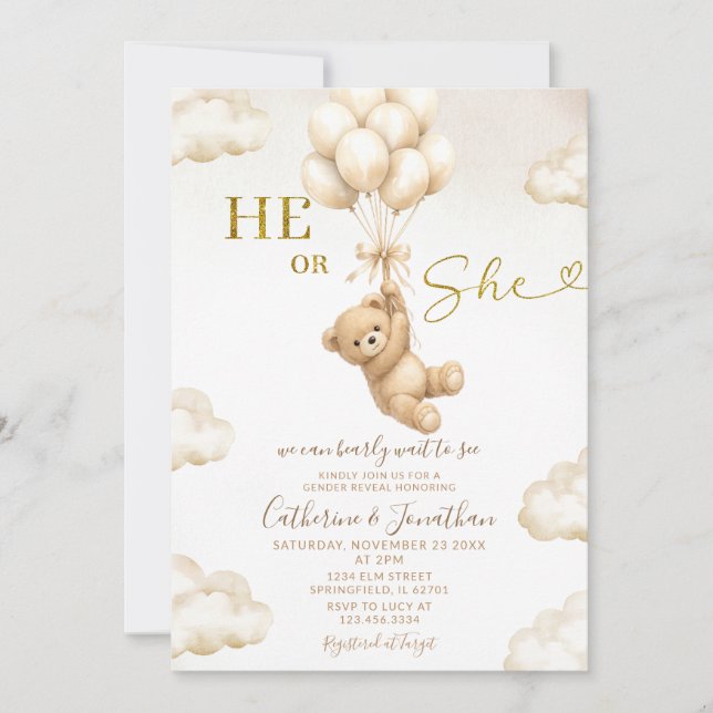 Invitation Beige Balloons Clouds He Or She Bear Gender Reveal (Devant)