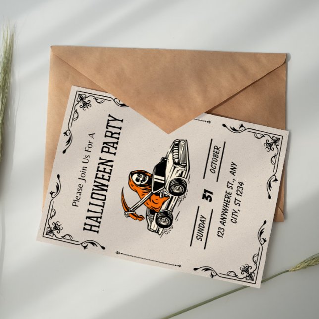 Invitation Beige Black Vintage Gothic Skull Halloween Party (Créateur téléchargé)