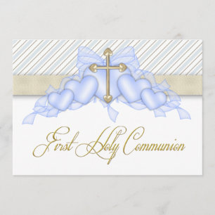 Invitation Beige Bleu Croix Dorée Garçon Bleu Première Commun