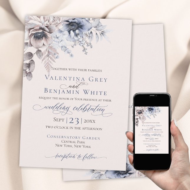 Invitation Beige bleu foncé élégant (Beige blue elegant classy wedding invitation. )