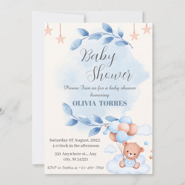 Invitation Beige Bleu, Ours Teddy, Ballons, Baby shower garço (Devant)
