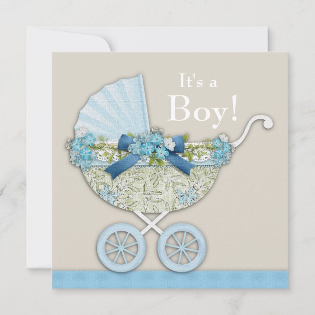 Invitation Beige Blue Baby Carriage Garçon Douche (Devant)