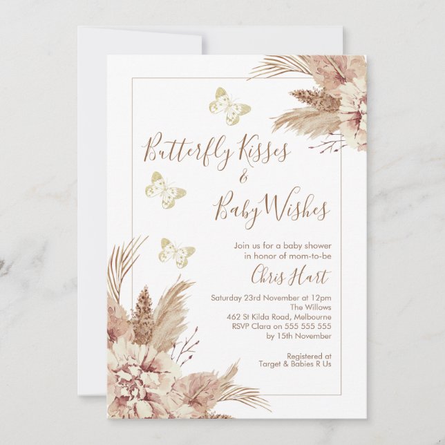 Invitation Beige Boho Floral Butterfly Baby shower Baisers (Devant)