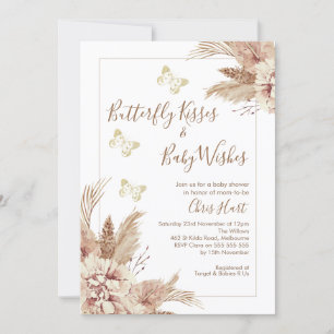 Invitation Beige Boho Floral Butterfly Baby shower Baisers