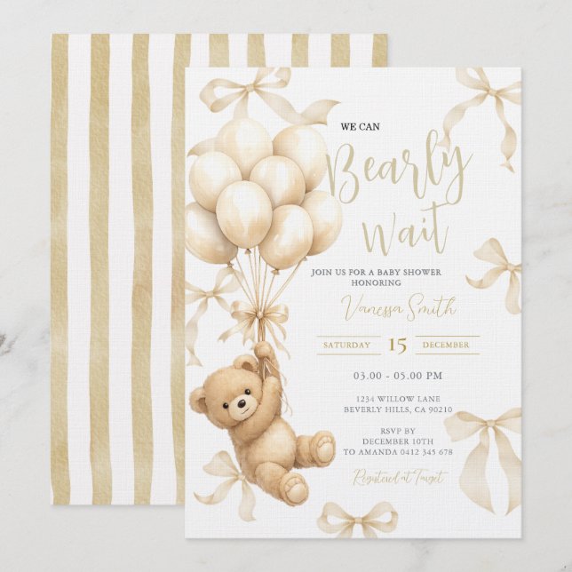 Invitation Beige Boho We Can Bearly Wait Baby Shower (Devant / Derrière)