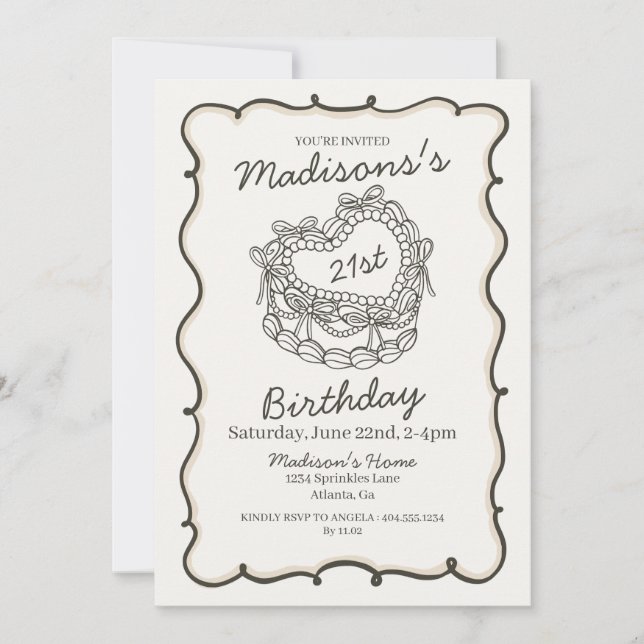 Invitation Beige Bow Retro Coquette Gâteau Coquette 21e anniv (Devant)
