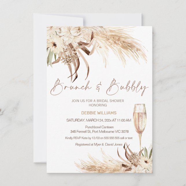Invitation Beige Brown Boho Brunch Fête des mariées Bubbly (Devant)