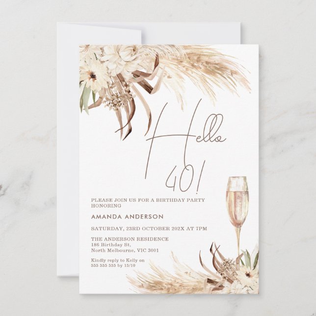 Invitation Beige Brown Boho Floral Verre Bonjour 40 Anniversa (Devant)