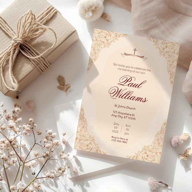 Invitation Beige Brown Décoratif Baptême chrétien (Créateur téléchargé)