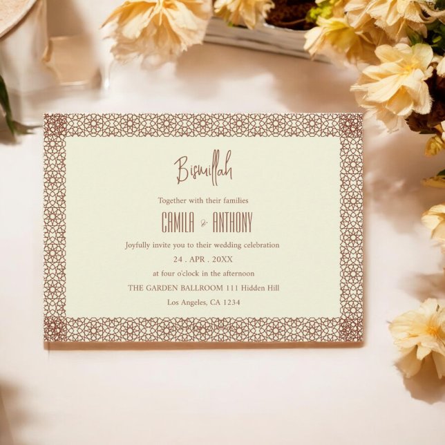 Invitation Beige Brown Russe islamique géométrique Frontière  (Créateur téléchargé)